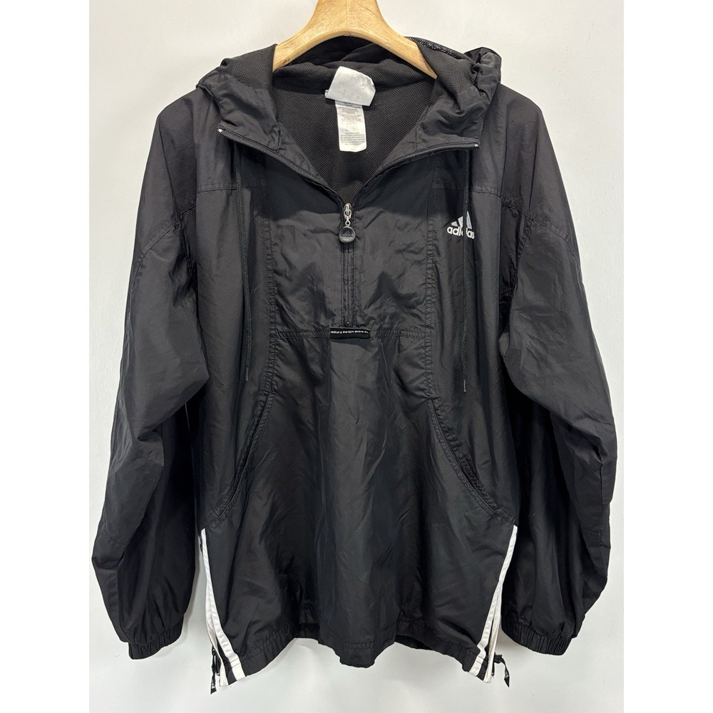 Vtg Adidas Popover Windbreaker Jacket Men's Large Black Hood Mesh Lined 90s Y2K
